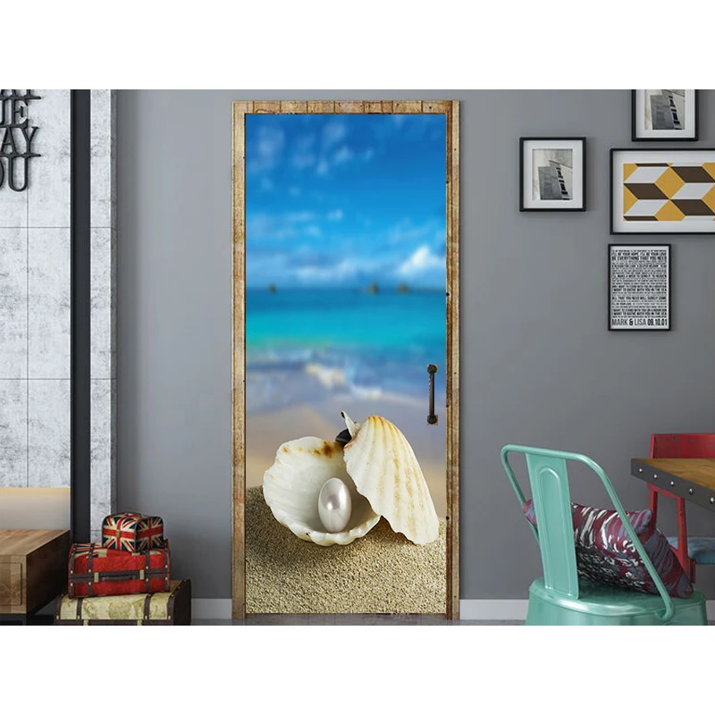 Новые настенные наклейки 3D на дверь морской берег жемчуг ракушки пейзаж