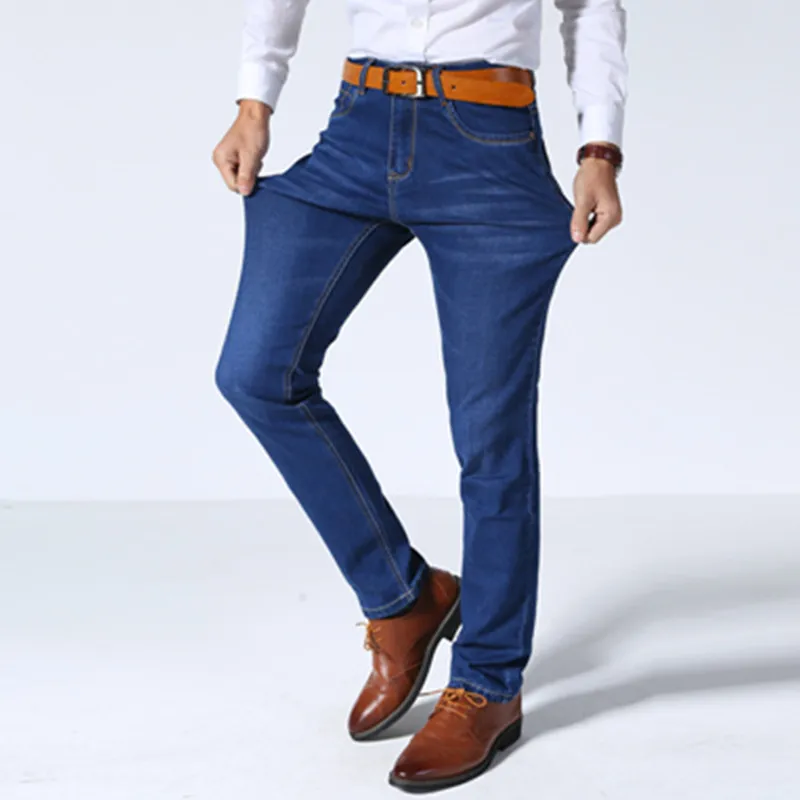 

2021, Классические Стильные мужские брендовые джинсы, деловые повседневные Стрейчевые облегающие джинсовые брюки светильник-голубые Черные ...