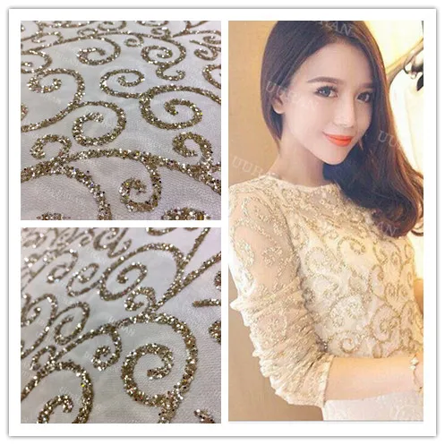 

Hand Print Glitter Sparkle Mesh Lace Fabric for Lady Dress /wedding/ Night Club/stage Gold