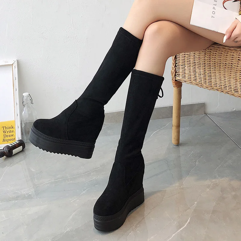 mide calf boots Женские сапоги выше колена; сапоги на высокой танкетке; женская обувь, увеличивающая рост; сезон осень-зима; эластичные женские сапоги на каблуке - Цвет: mide calf boots