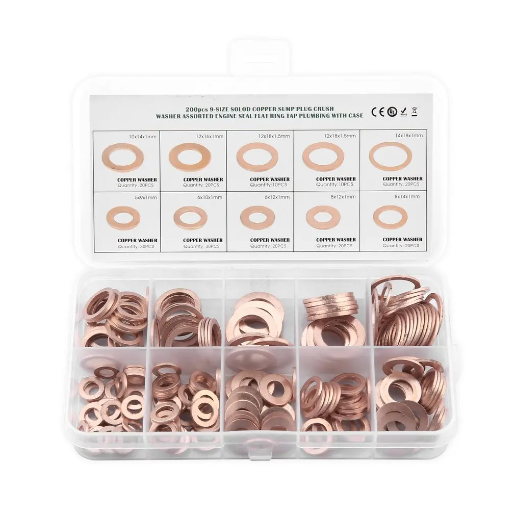 

200Pcs Solid Copper Washer M5-M14 Flat Ring Sump Plug Oil Seal Assorted Set Box