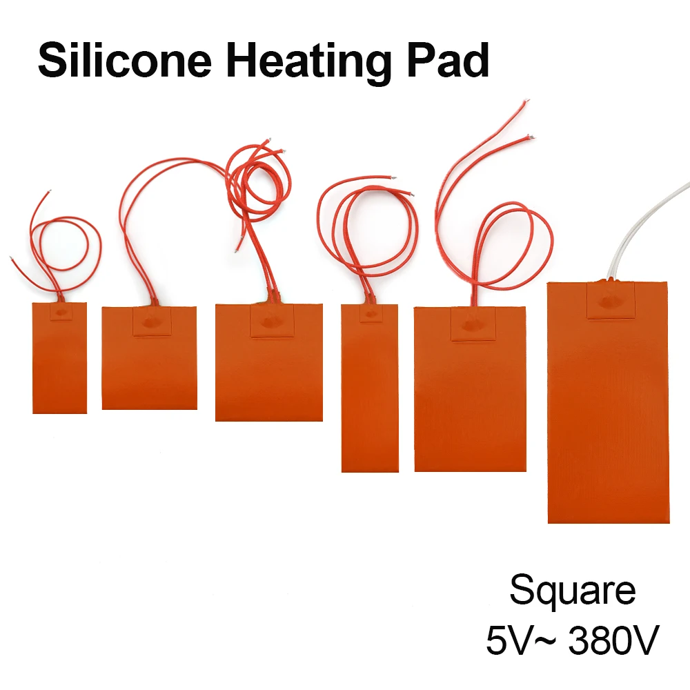 5V 12V 24V 36V 48V 110V 220V 380V Silicone Heating Pad Square Rubber Heat Mat Heated Bed Plate Flexible Waterproof 3D Printer