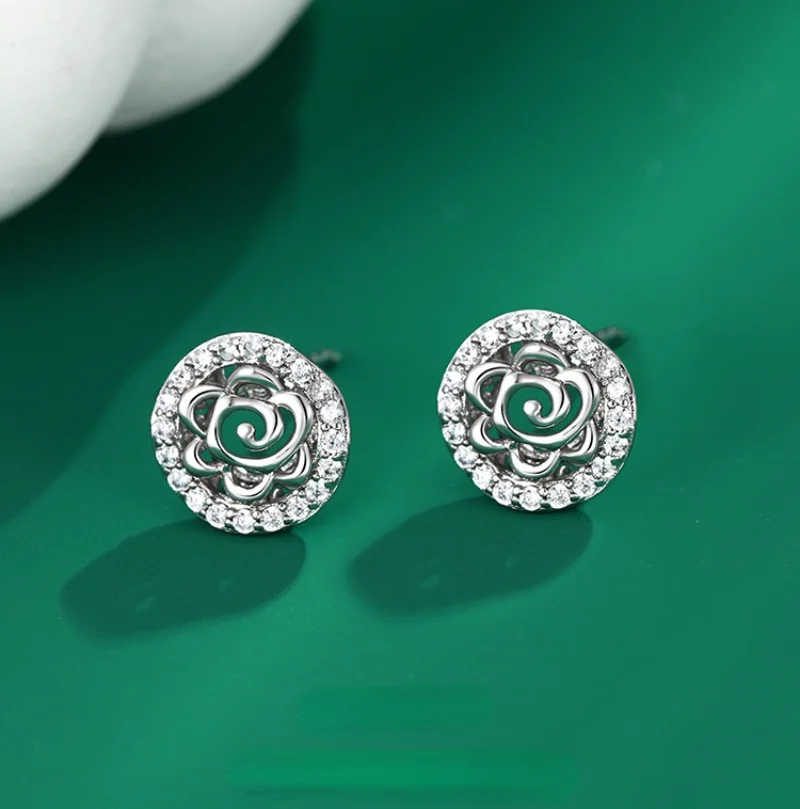 

Copper Plating Platinum Earrings for Women Rose Flower Earrings Japanese and Korean Fashion Mini Inlaid Zircon Earrings Jewelry