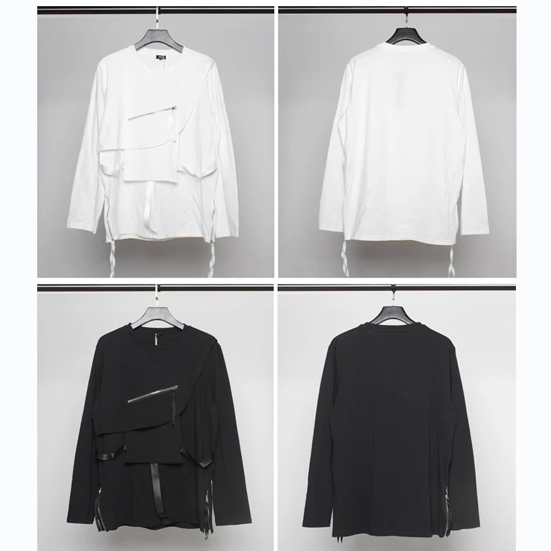 

Hop Hip Functional Long Sleeve T-Shirt Men 2021 Autumn Dark Zip Up Pockets Streetwear Tshirts Cotton Tops Tees Black WB213