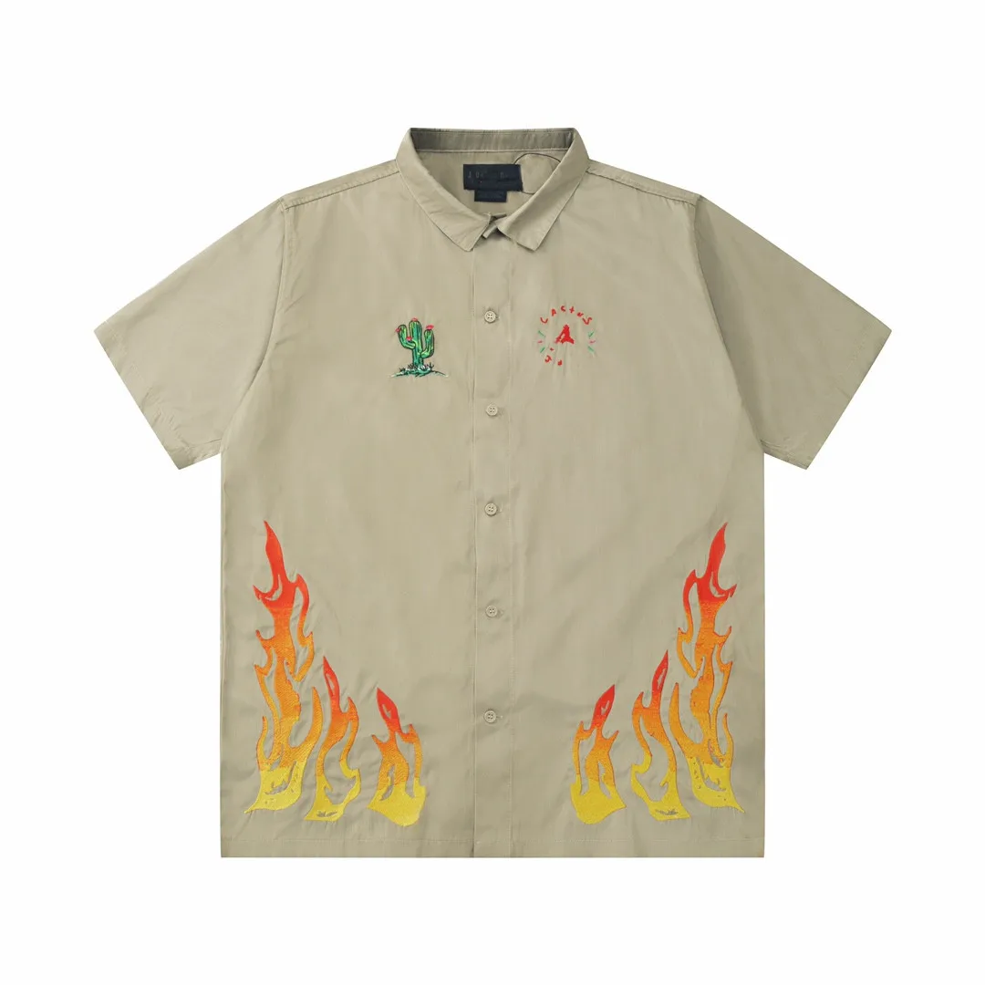 Travis Scott flame embroidery casual high street short-sleeved shirt for men and women couples correct version high quality