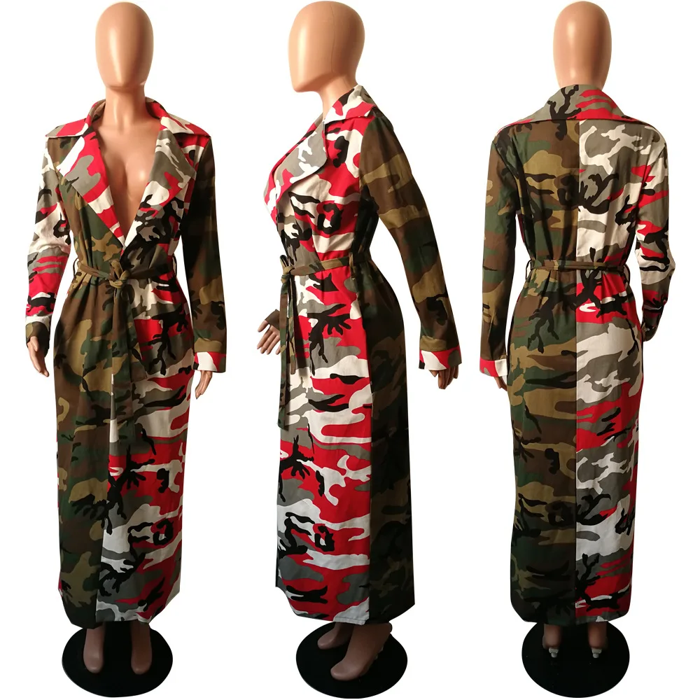 

Echoine Autumn Winter Patchwork Print Camo Print Coat Camouflage Long Coat Jacket trench with Betl Fashion New Outwear Jackets