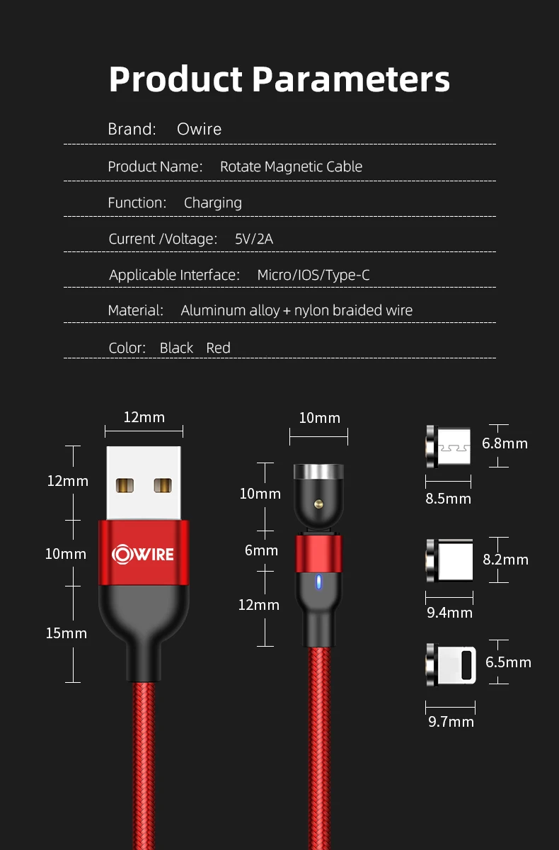 

OWIRE 3 in 1 Routate Magnetic Charging Cable for Micro USB / Type-C / Lightning Fast Charging Cable