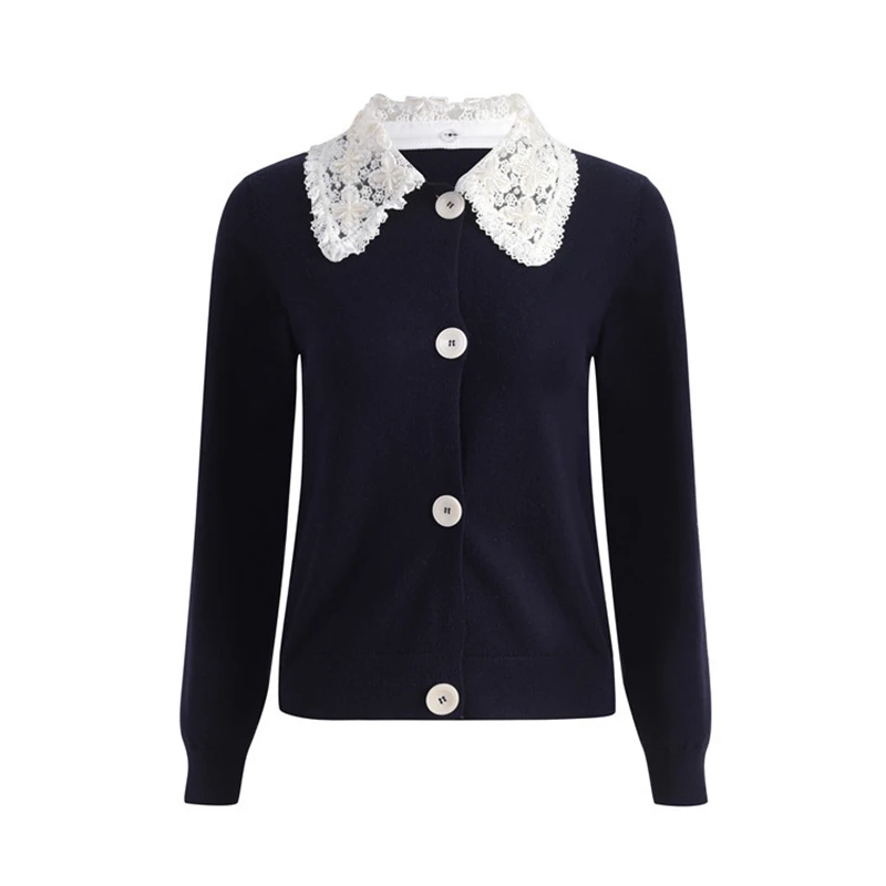 

2022 Autumn Winter Navy Blue Kni Christmas Women Sweater Cardigan Runway Luxury Pearl Lace Doll Collar Coat Outwear Clothes