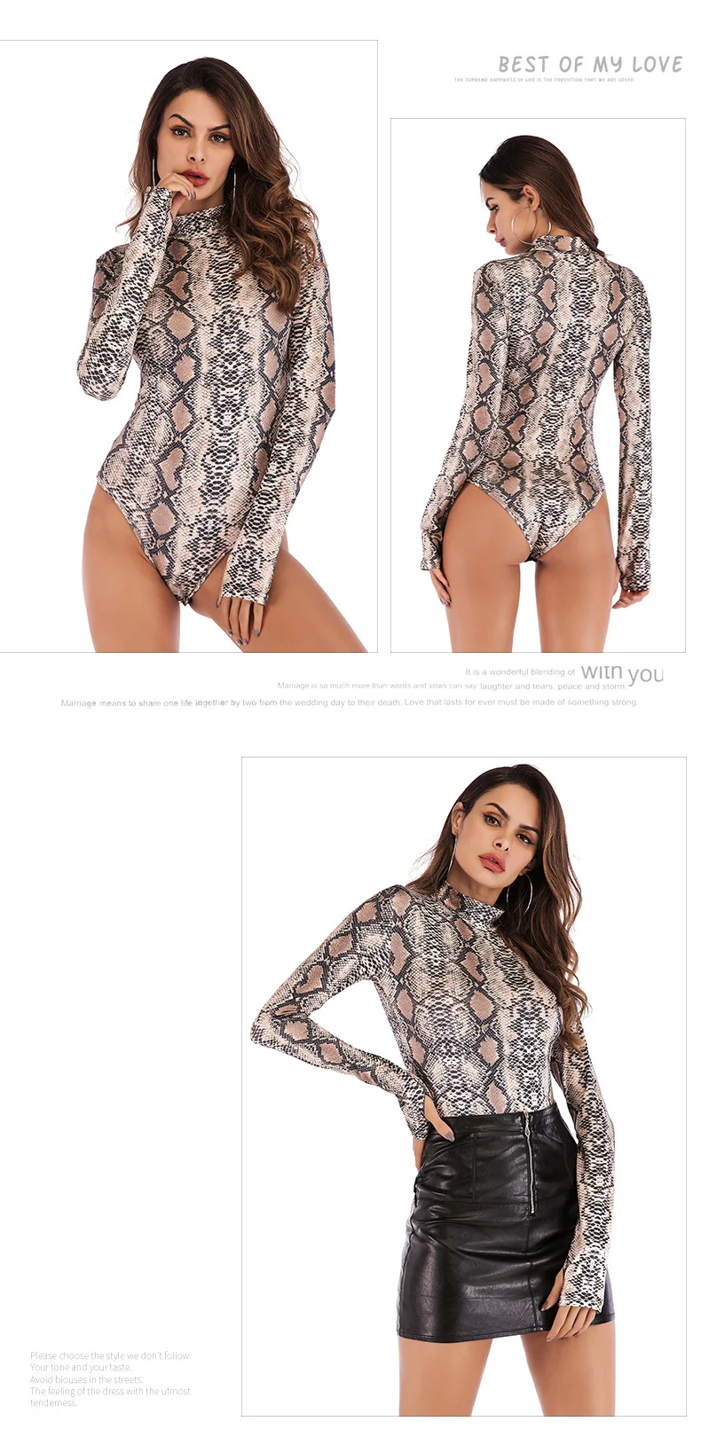 Women's Leopard Bodysuit Slim Long Sleeve Body Female Fit Semi-High Collar Skinny Streetwear Serpentine Print Jumpsuit Pullovers