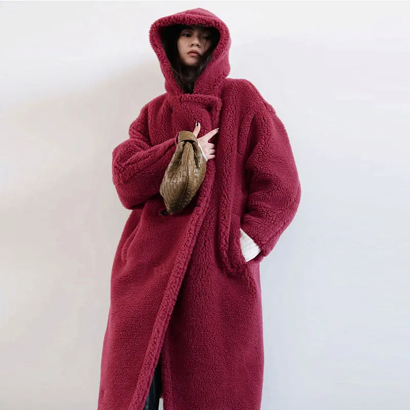 

2021 Winter Women's Casual Solid Color Teddy Jacket Long-Sleeved Fleece Long Coat Female Lapel Lambskin Ladies Lamb Wool Parka