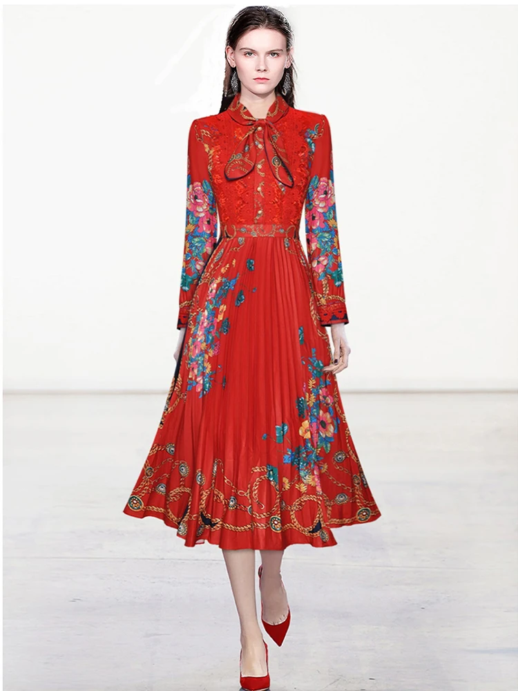 

Женское модельное платье с бантом на шее, дизайнерское плиссированное платье миди с длинным рукавом, кружевное лоскутное платье с оборками ...