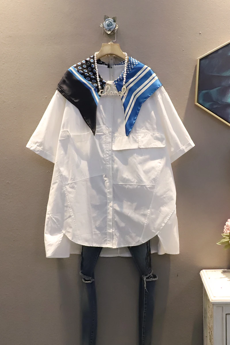 

SuperAen Fake Two Pieces Shawl Shirts Women's Short Sleeves Europe Fashion 2021 Summer New Big Size Women's Cardigan Blouse