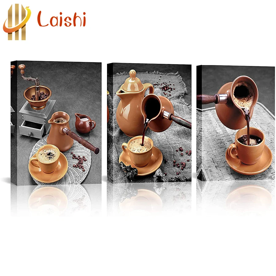 

3pcs DIY Freshly ground coffee, coffee shop Diamond painting full round square diamond mosaic cross stitch mosaic home decor