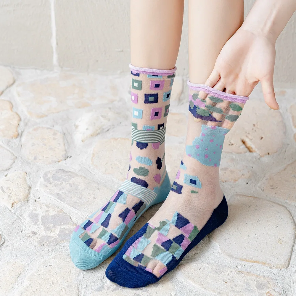 

2021 Summer Thin Long Socks For Girl Harajuku Crystal Silk Socks Fashion Women Japanese Kawaii Cartoon Transparent Cute Socks