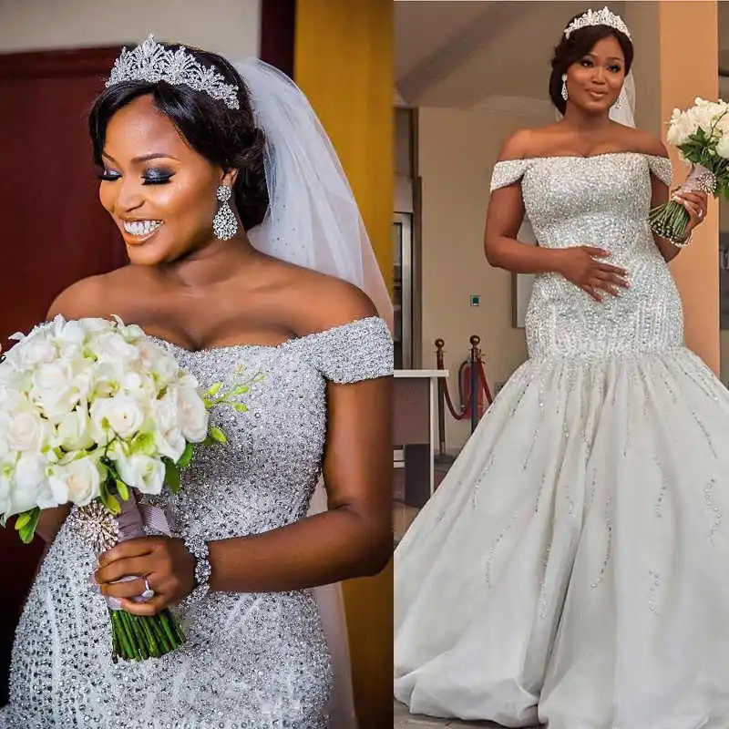 

Женское свадебное платье с юбкой-годе, платье с открытыми плечами и шлейфом, расшитое бисером, в стиле часовни, Африканский наряд невесты, 2021