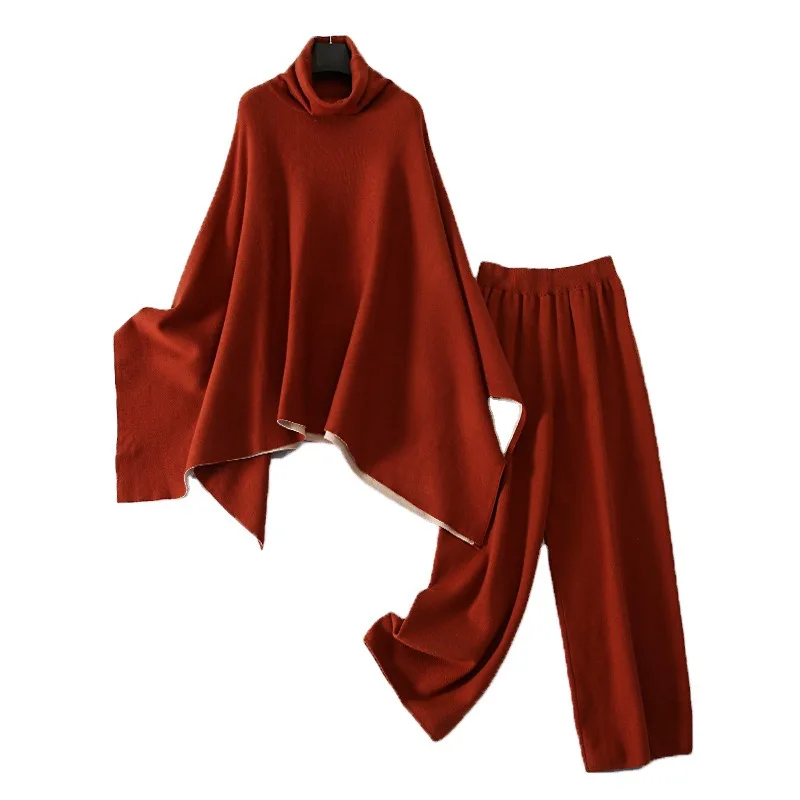

Fashion Turtleneck Cashmere Blends Oversize Knit Sweater Suit Women Fall Winter Batwing Loose Top Two-piece Wide Leg Pants Sets