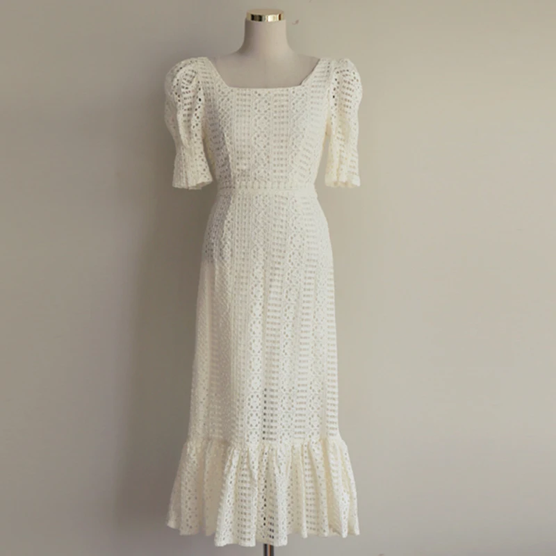 

Square Collar Summer Sheath Dress Women High Waist Puff Sleeve Mermaid Dress Lace Korean Elegant Slim Lace Up Office Lady C217