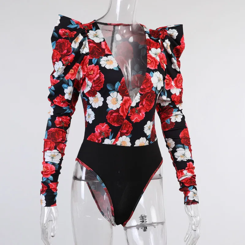 2021 Spring Elegant Boho Print Bodysuits Rompers Women Jumpsuits Puff Sleeve Skinny Sexy V-neck Bodies Ladies Casual Overalls mesh bodysuit