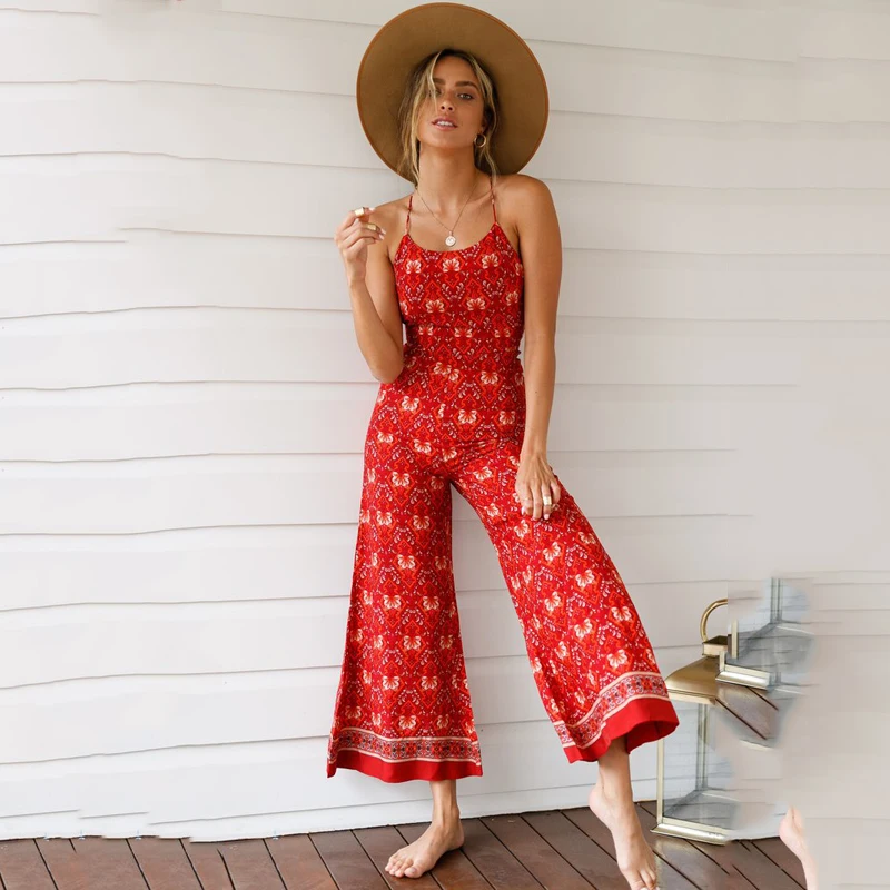 Богемный женский комбинезон VICABO на бретелях спагетти с открытой спиной