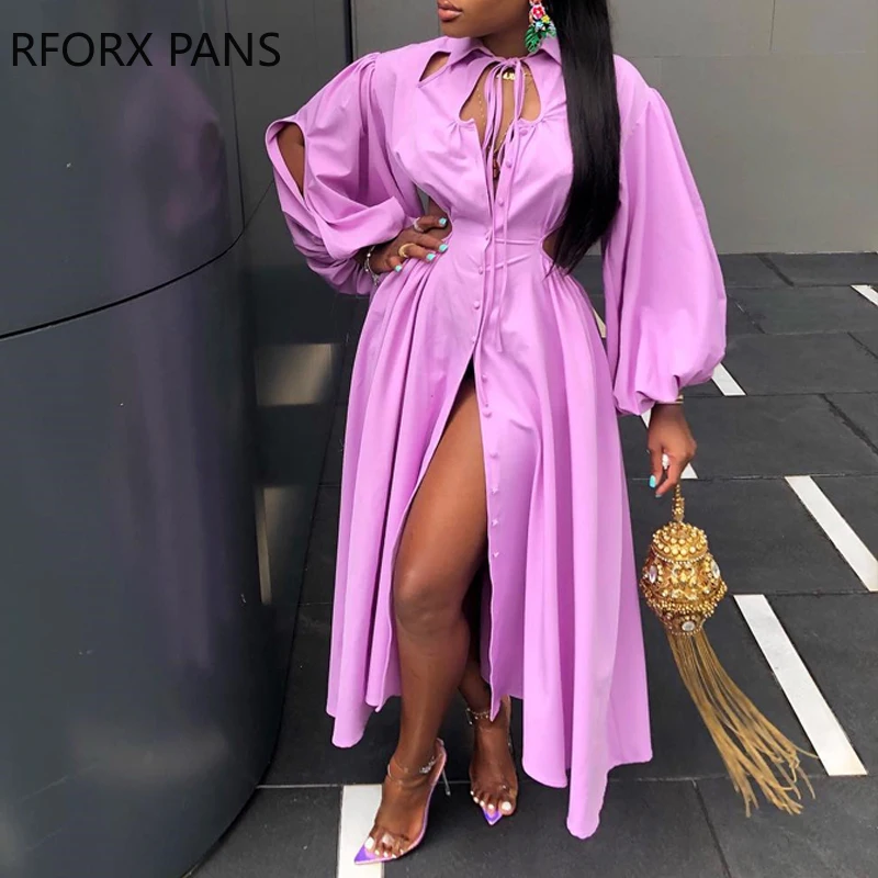 

Women Solid Tape Hollow out Button Puff Sleeves Maxi Sexy Midriff Dress