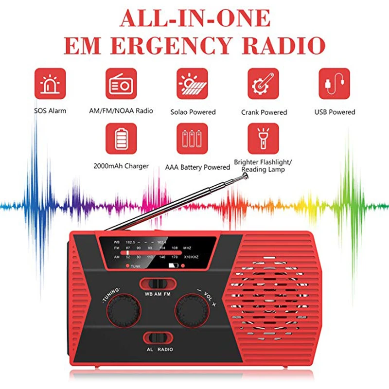 

Multifunction Hand radio Solar Crank Dynamo Powered Weather Radio Use Emergency LED Flashlight and Power Bank outdoor tools