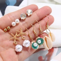 6pcsset bohemian shell conch dangle hoop earring set for women fashion luxury pearl crystal stud earrings sets jewelry