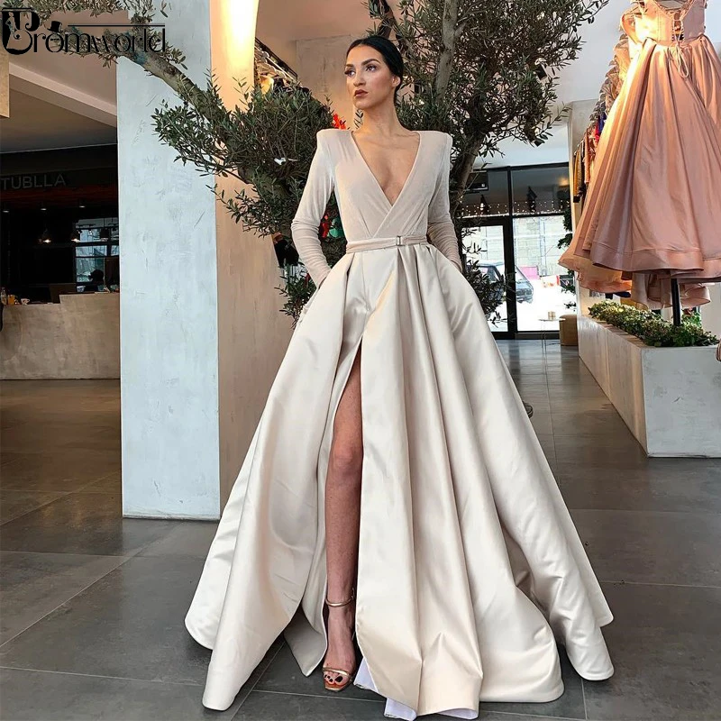 

Женское вечернее платье с длинным рукавом, бежевое атласное платье с V-образным вырезом, сексуальное платье для выпускного вечера, 2022