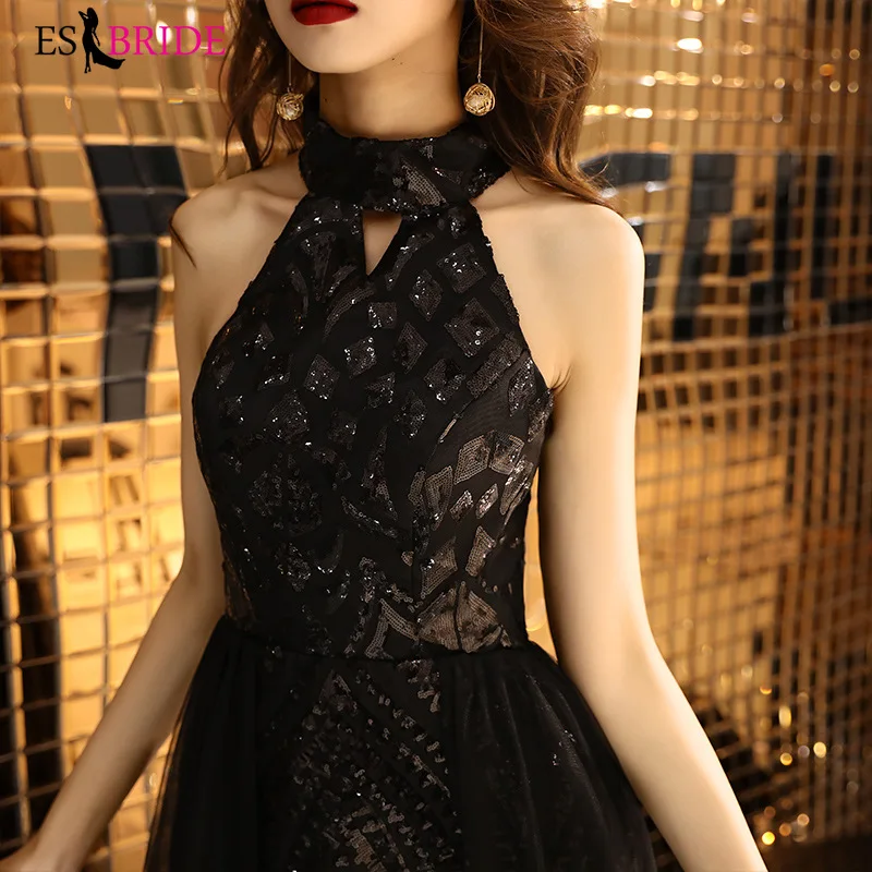 Черное модное вечернее платье 2019 сексуальное официальное без рукавов для