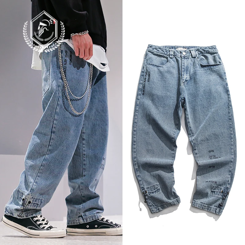 Men Loose Vintage Embroidery Staright Jeans Fashion Pockets Wide Leg Pants Hip Hop Jeans