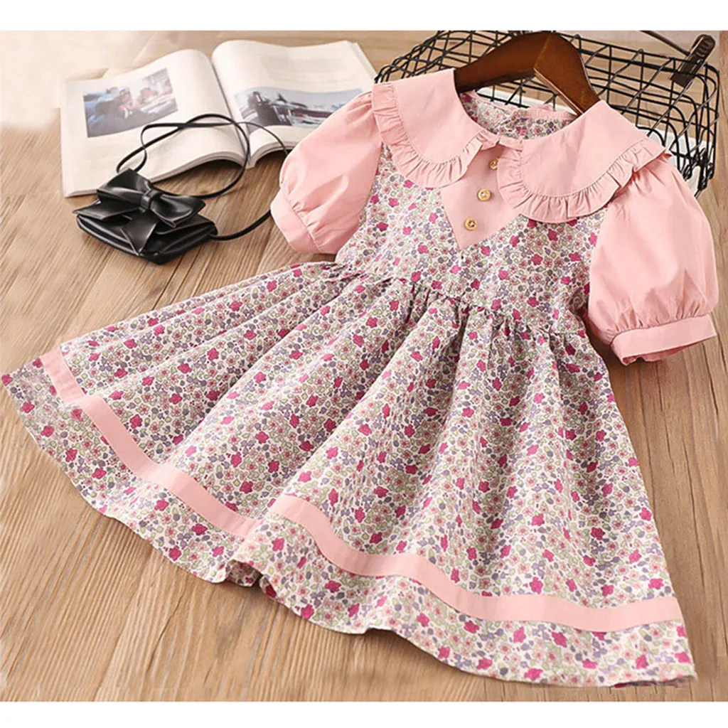 Toddler Baby Kids Girls Dresses Peter Pan Collar Floral Flowers Princess Dress Girl Clothes Summer 2020 roupa infantil | Детская одежда