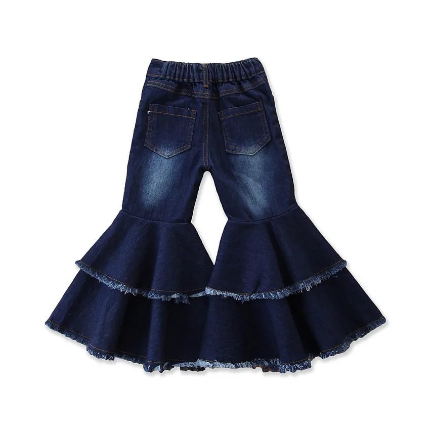 

Wholesale Girl Jeans Children Denim Wide Leg Flare Bell Bottom Pants Girls Kids Boutique Bell Ruffle Pants with Pockets