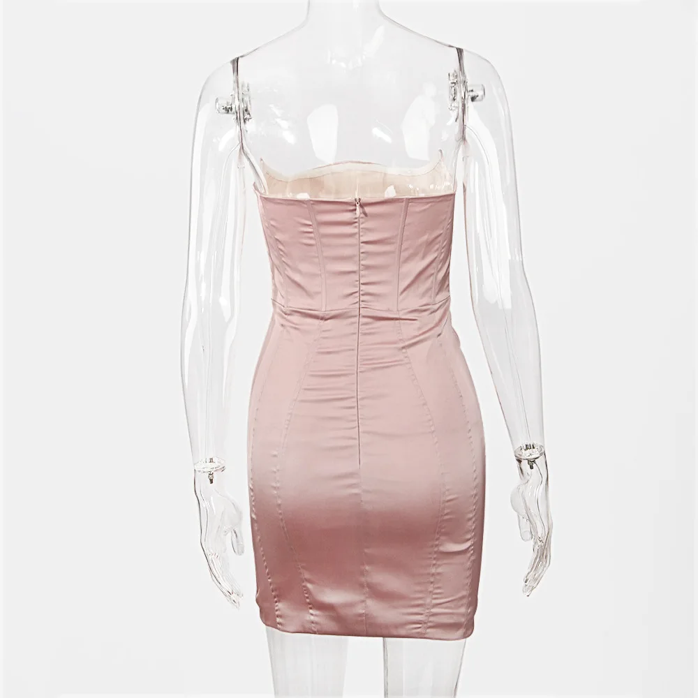 

2021 Summer Women Strapless Boned Sexy Mini Bodycon Dress Clubwear Vintage Solid Color Backless Satin Bustier Dress For Female