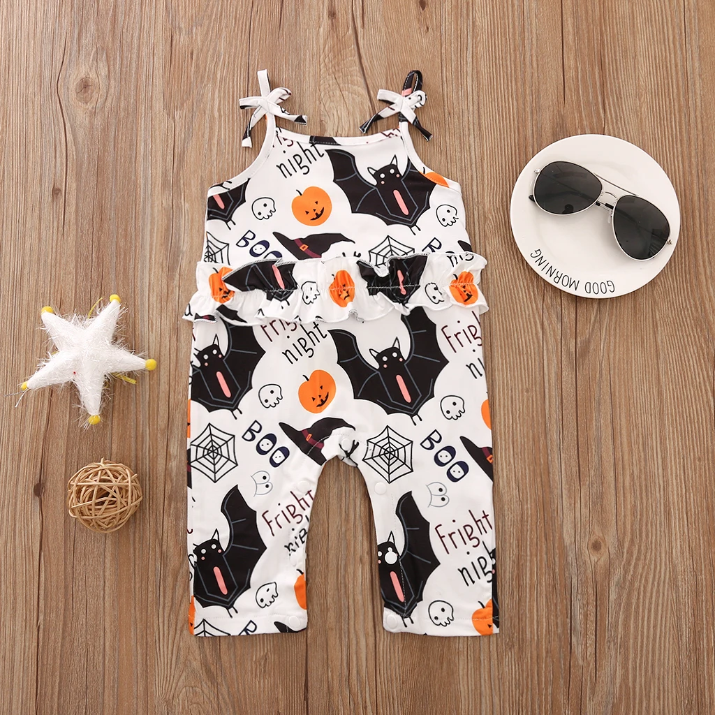 

Baby HalloweenRompers Spaghetti Straps Sleeveless Cartoon Pumpkin Ghost Prints Boat Neck Jumpsuit Playsuits Overalls