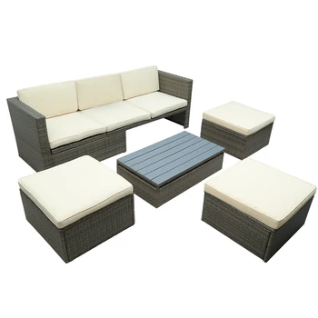 Outdoor PE Rattan Sectional Sofa 5-Piece Patio Wicker Sofa With Adustable Backrest, Cushions, Ottomans And Lift Top Coffee Table