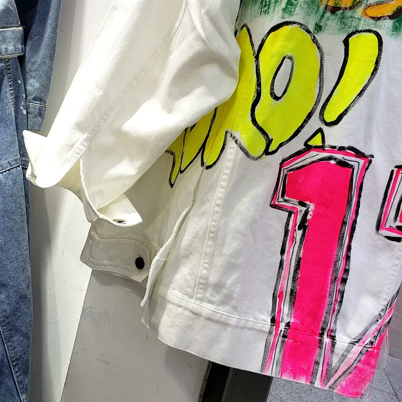 

Hip Hop Graffiti Women White Denim Jacket Boyfriend Style Long Sleeve Casual Long Coats Printing Loose Street Female Outerwear