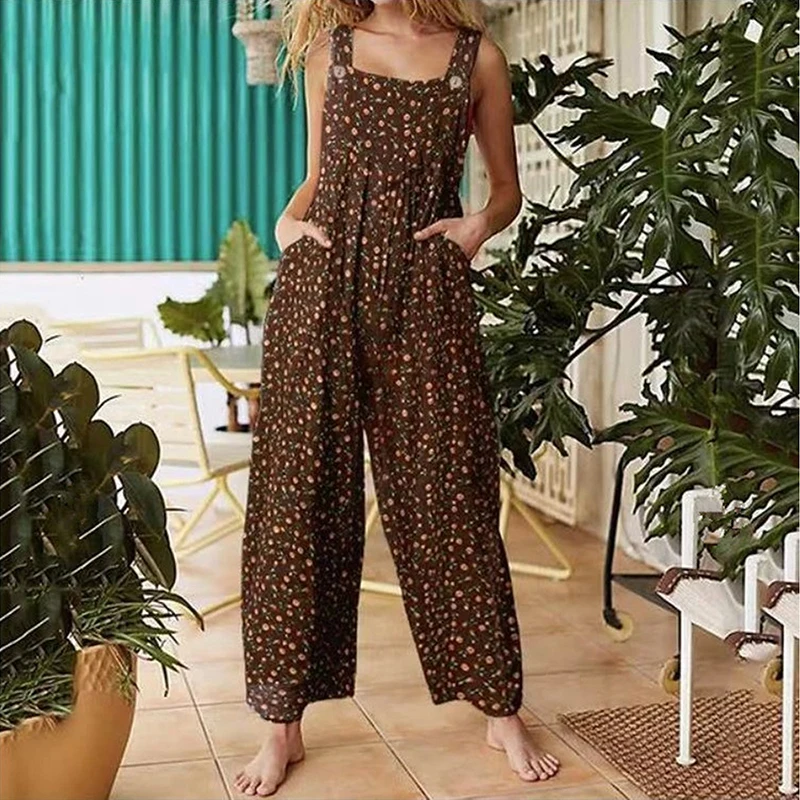 

Vintage Sexy Strappy Summer Women Jumpsuits Elegant Solid Dot Print Sleeveless Rompers Casual Wide Leg Beach Overalls Playsuits