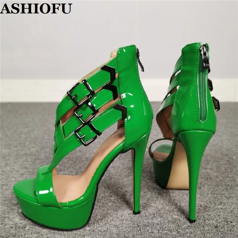 

ASHIOFU Hot Sale Ladies High Heel Sandals Shiny Bright Patent Leather Party Shoes Platform Sexy Evening Fashion Sandals Shoes