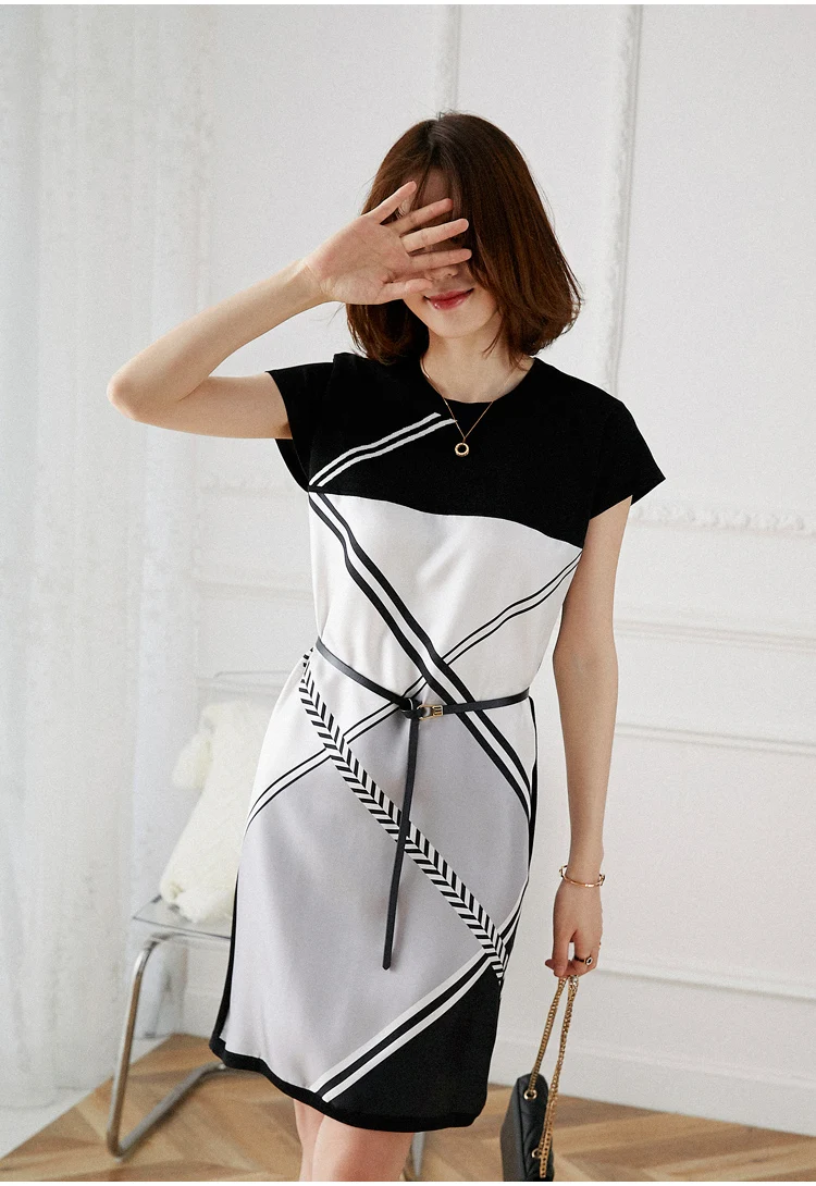 

New High end ice silk knitted skirt stitching printed silk dress women's short sleeve wide mulberry silk dress