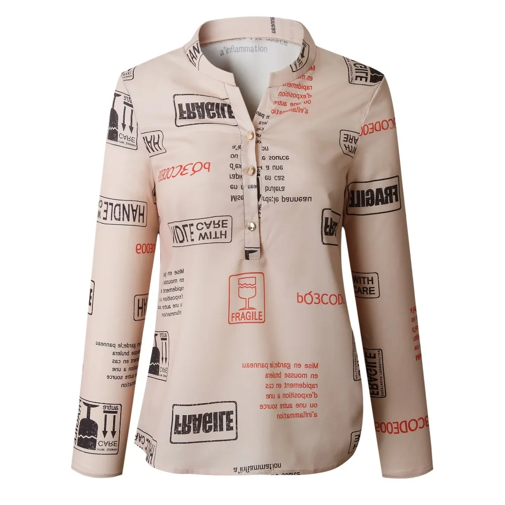 Long Sleeve Khaki Осенние женские рубашки, блузка с буквенным принтом, Модные Белые блузы на пуговицах с v-образным вырезом, повседневные топы, рубашки с коротким рукавом, блузы - Цвет: Long Sleeve Khaki