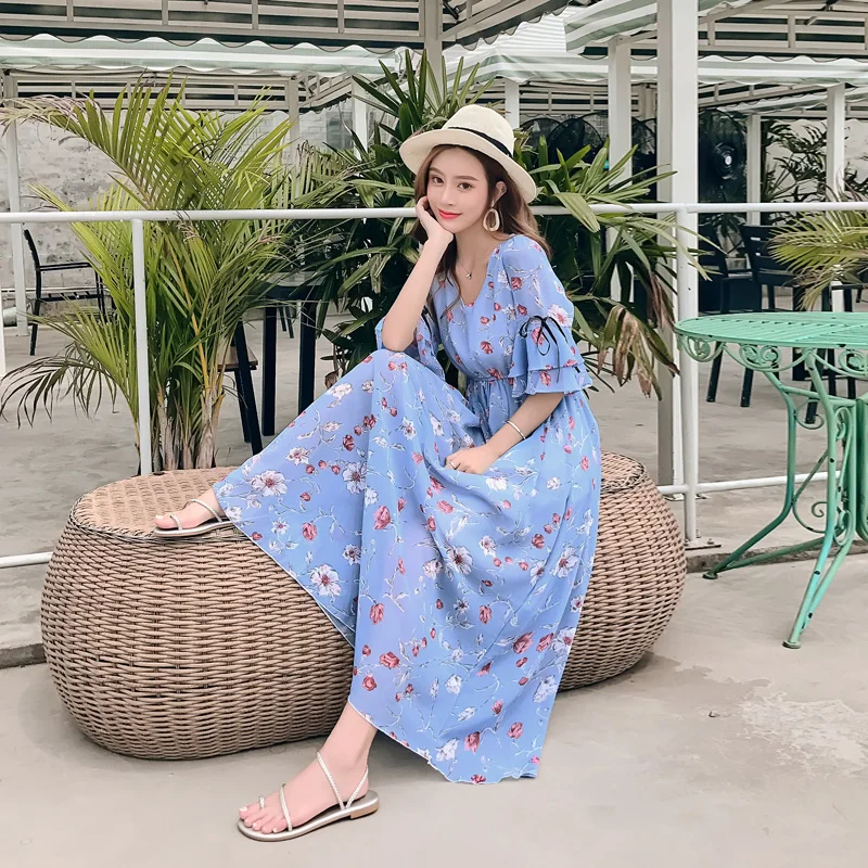 

2019 New Summer Dress Fashion V-neck Floral Slim Chiffon Women Dresses Bohemian Casual Loose Party Dress Vestidos yy489