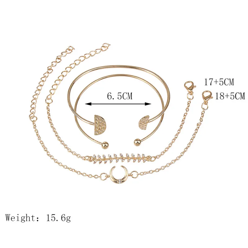 Retro Female Moon Leaves Round Crystal Gem Chain Opening Gold Geometry Beach Bracelet Set Fashion Jewelry Gift | Украшения и