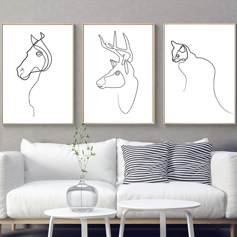 Абстрактная лошадь олень кошка животные линии рисунок Северный плакат печать