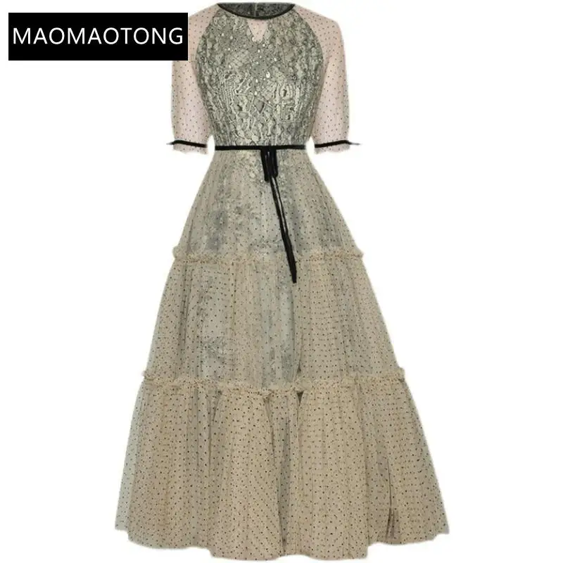 

Fashion Runway Summer Elegant Party Dress Women Polka Dot Print Short Sleeve Gorgeous Lace Splicing Mesh Midi Dress