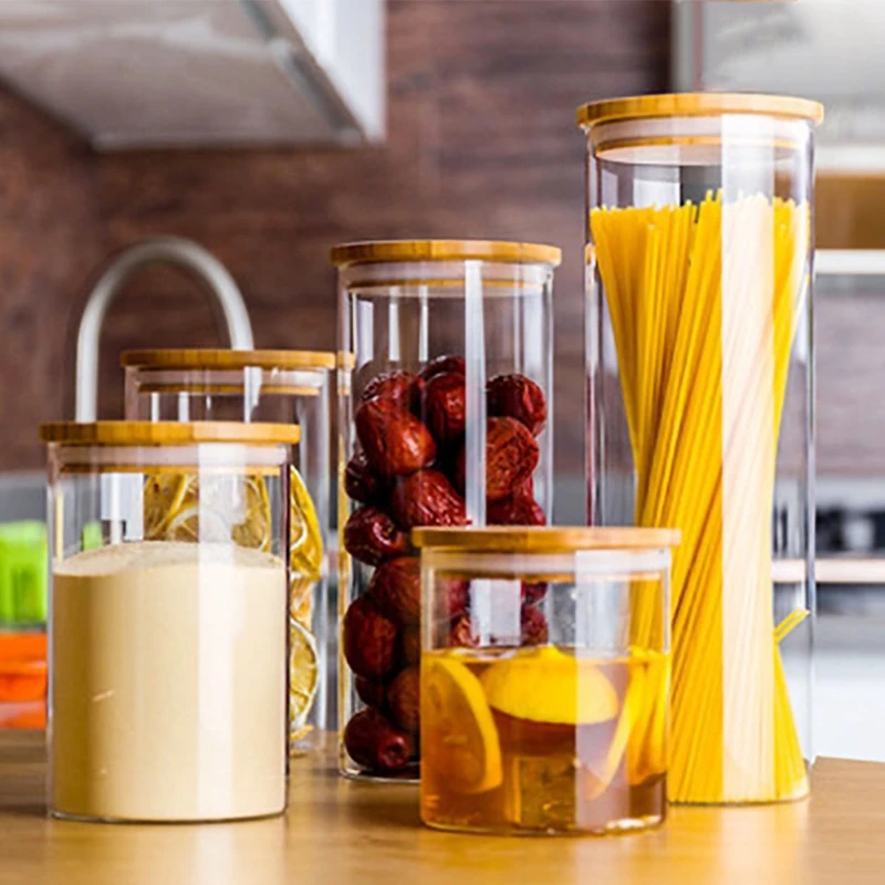 

T21D 1200ML Glass Food Sealed Jar with Bamboo Wood Lid Coffee Beans Nuts Grains Oats Sugar Sealed Cans Food Storage Preservation