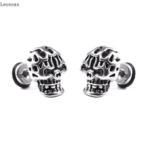 leosoxs 2 piece titanium steel skull head hip hop rock tide dumbbell stud earrings men and girls accessories