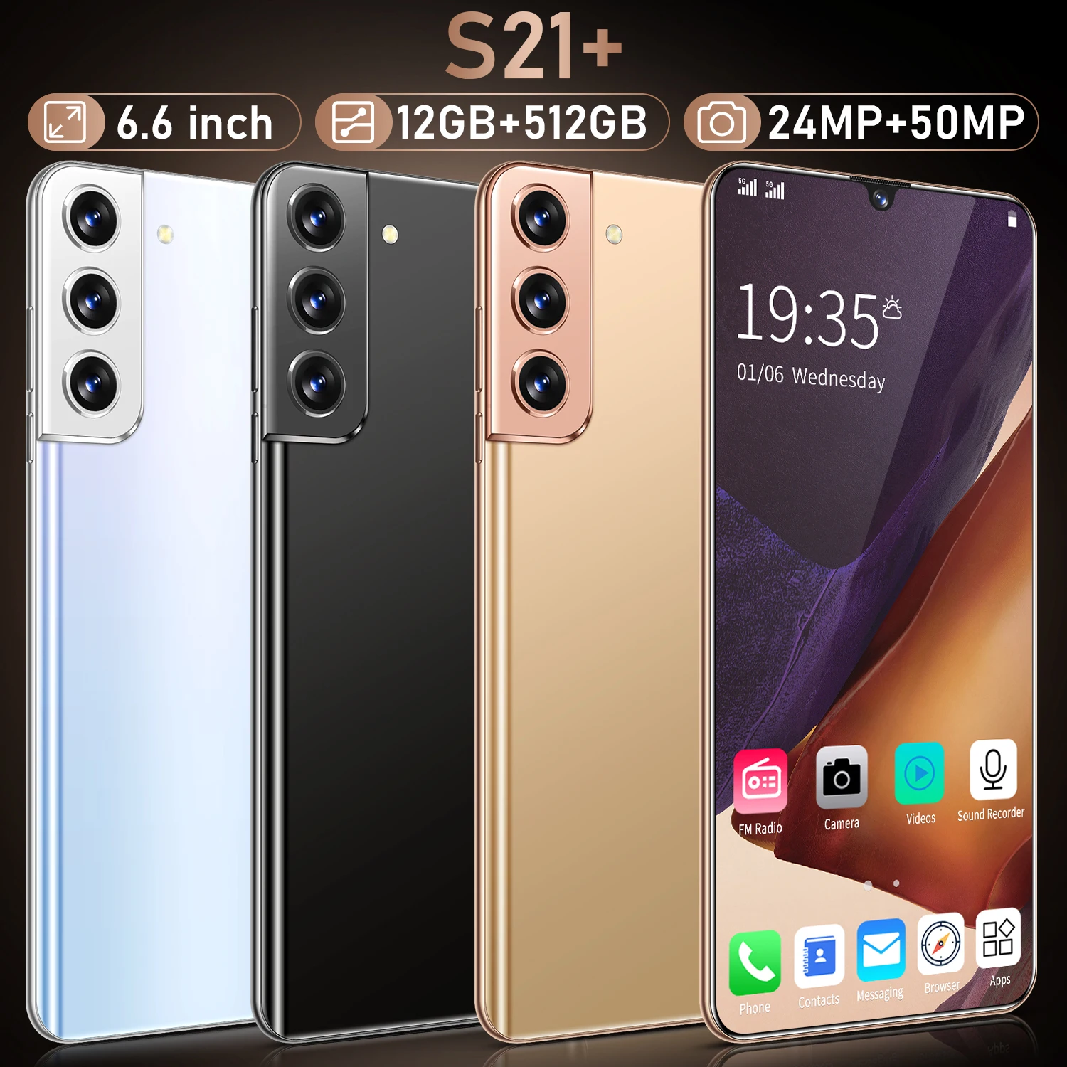 

6.6 Inch Galxy S21+ Water Drop Screen Smartphones Fingerprint Face ID MTK6889 Deca Core 6000mAh Andriod Global Version Cellphone