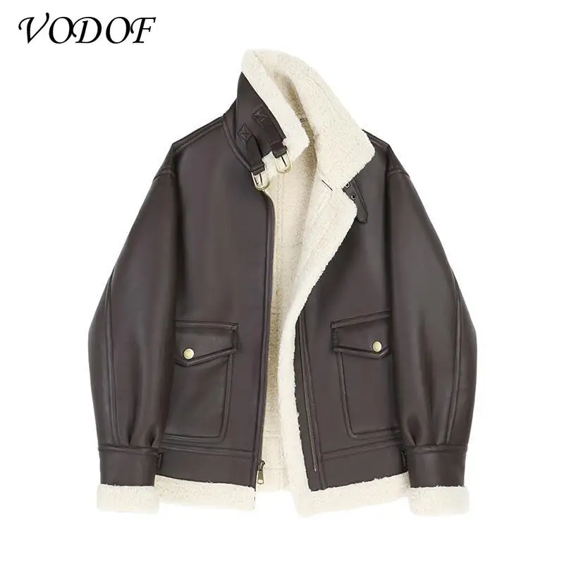 VODOF Faux Leather Lapel Long Sleeve Thick Warm Short Women's Jacket Coat Vintage Lambswool Chic Female Locomotive Tops black