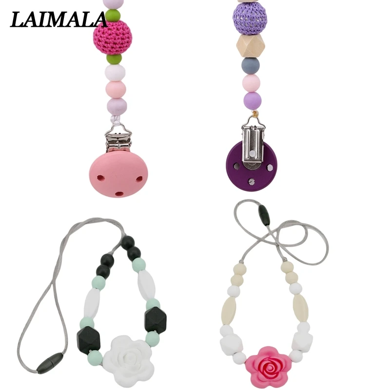 

Baby Pacifier Clip Pacifier Chain Wooden Hand Made Cute Colourful Beads Necklace Silicon Dummy Clip Baby Soother Holder