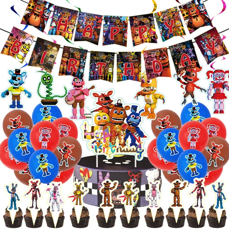 

Five Nights Party Decorations with Balloons Happy Birthday Banner Cake Topper Supplies