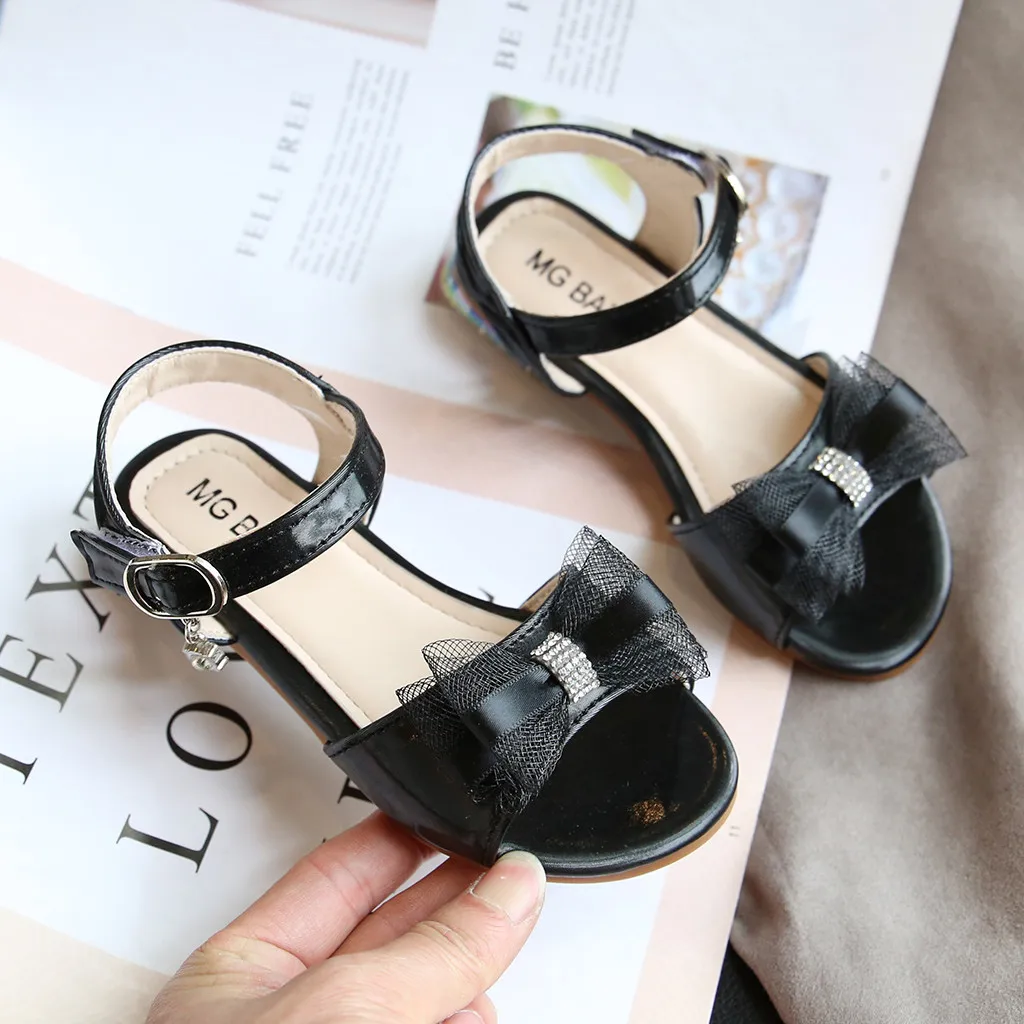 Детские сандалии с открытым носком черные бантом для девочек обувь принцессы и